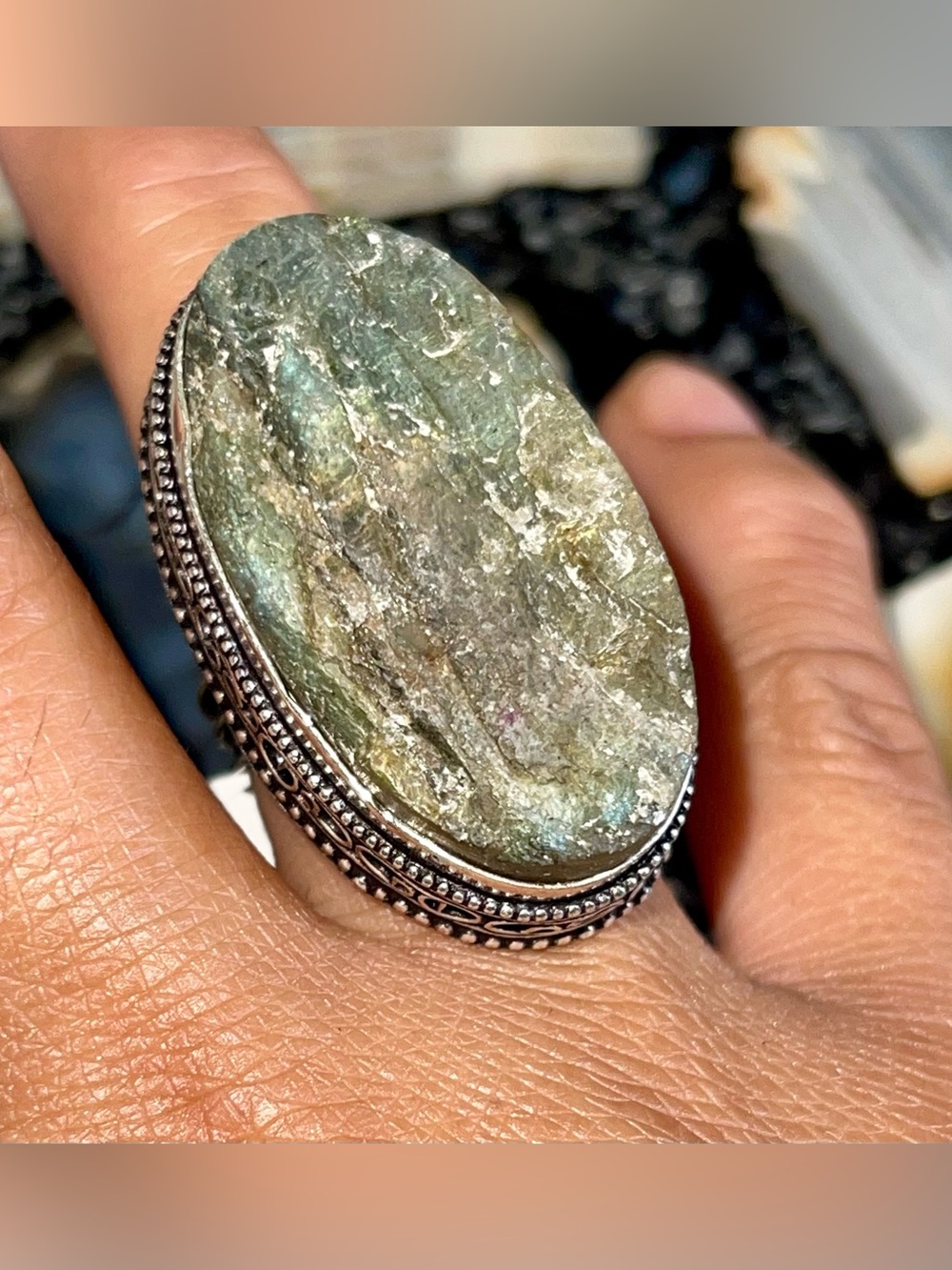 Large Raw Labradorite Crystal Ring Size 8 1/4